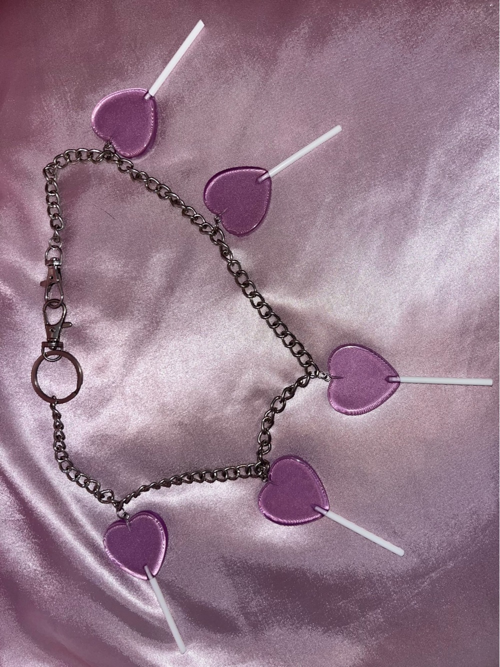 Silver Chain Necklace or Waist Chain with Purple Heart Lollipop Charms